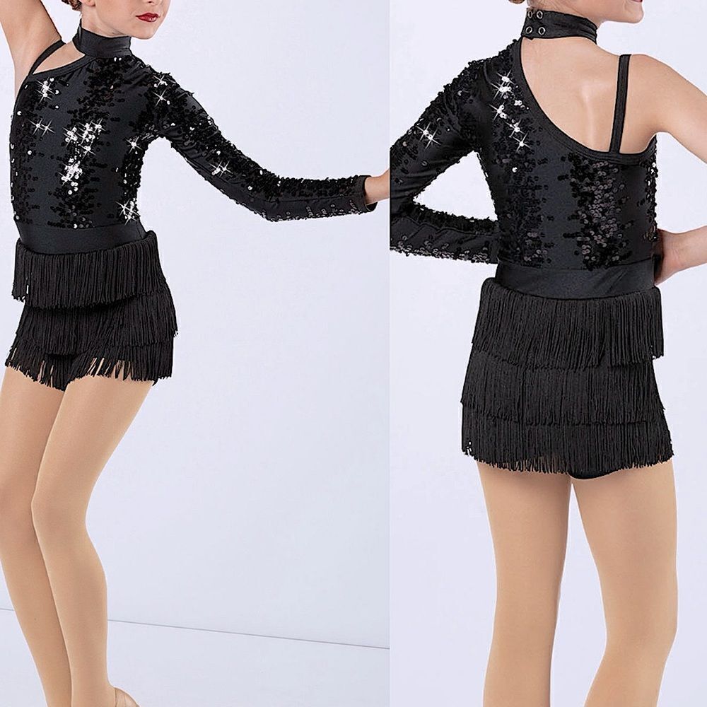 Weissman dance costume black fringe flapper dress Don't Stop The Music 13484 LC